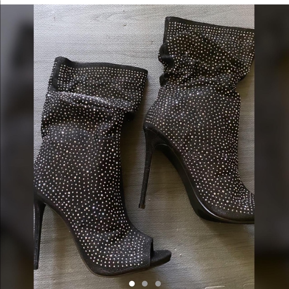 Black Open Toe Rhinestoned Boots